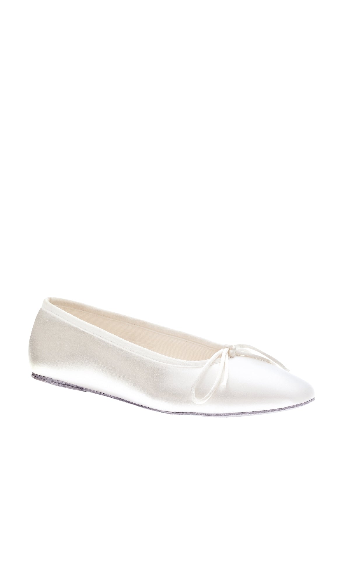 The Ballet White Prom Shoes: Touch Ups 180 are elegant white satin ballet flats featuring a small bow detail on the front, shown as slip-on shoes against a plain white background.